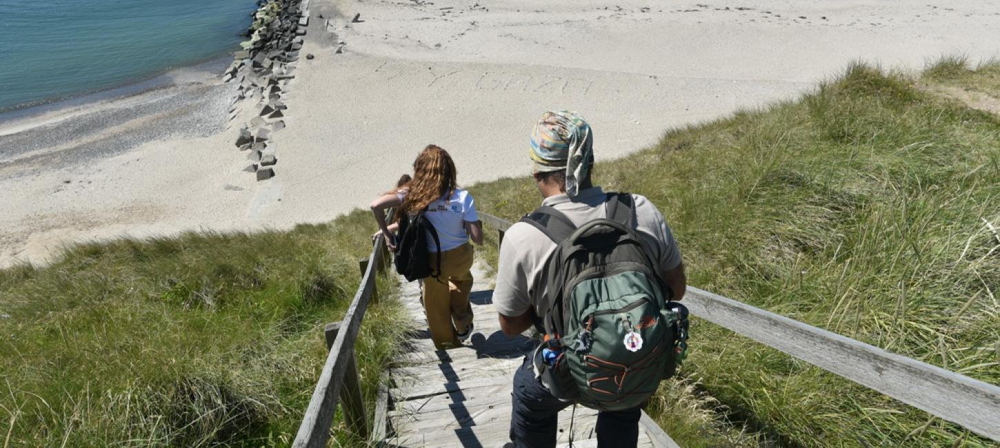 to personer går ned ad stejl trappe til stranden ved Bovbjerg Klint