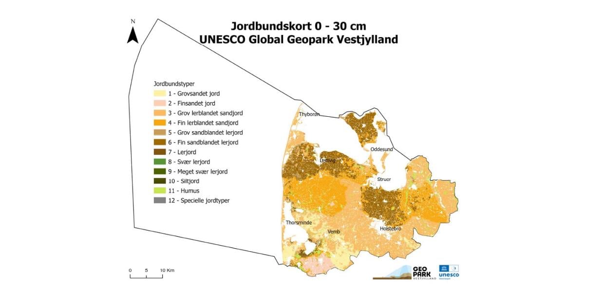 Jordbundskort 0-30 cm over Geopark Vestjylland